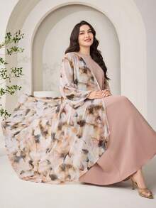 Veilorie Plus Size Women Solid Color Round Neck Dress And Tie-Dye Open Front Long Robe Casual Daily 2 Piece Set - Multicolor - View 3