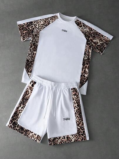 PAVTROS Men's Street Style Color-Blocked T-Shirt And Shorts Set, Summer, Y2K, Holiday, Retro, Men's Street Style New Year, White With Leopard Print And Striped Color-Blocked Crew Neck T-Shirt Set.,Spring To Summer,Y2k,Streetwear,Festival,Vacation,Gift For My Boyfriend,Party,Workout,Old Money,Going Out,Vintage,