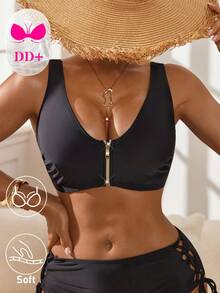 Swim DD+ 2026 Summer NEW Women's Solid Color Zipper Bikini Top, Summer Beach DD+ Bikini Sets Beach Vacation, Pool Party, Beach PartyBeach Outfits, Music Festival Outfits, Vacation Outfits, Seaside Dates, Holiday Outfits, Sexy, Elegant, Casual Outfits, Beach Party Outfits, Pool Party Outfits Swim Tops For Women Swimwear Tops For Woman Top With Built In Bra Bathing Suits For Women Push Up Bra Women Sexy Tops - Black - View 4
