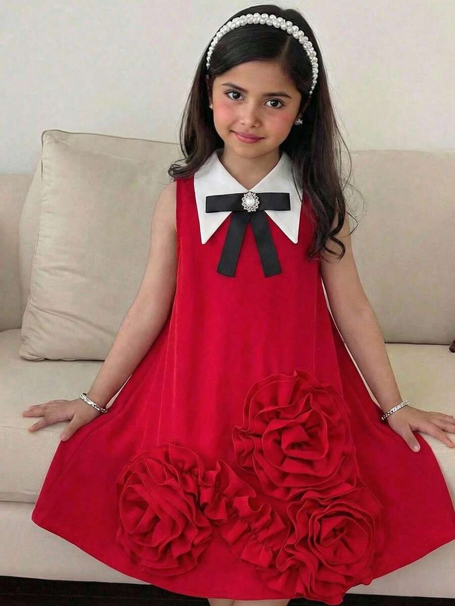 SHEIN 女童撞色编织蝴蝶结立体花卉休闲连衣裙 - 紅色 - 查看 1