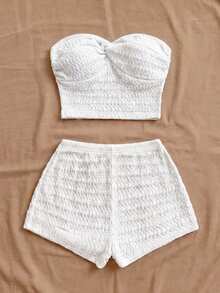 Soleia Women's Summer Vacation Solid Color Textured Twist Front Bandeau Top And Shorts 2 Pieces Set  No Chest Padding - White - View 3