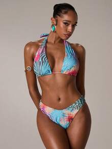 SHEIN BAE Women's Floral Print Halter Tie Front Bikini Set - Blue - View 1
