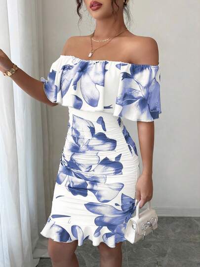 Selianne Tropical Print Off Shoulder Ruffle Trim Ruched Bodycon Dress Vacation Beach Outfits Women