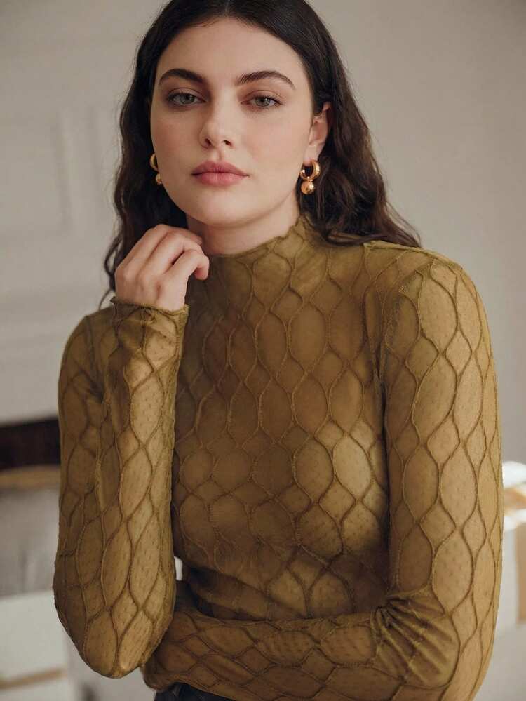 Anewsta Plus Size Fashionable Sheer Round Neck Long Sleeve Lace Mesh All-Match Versatile Elegant Slim Fit Blouse For Women, Spring/Summer