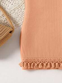 SHEIN Genkimix Kids 女童流苏装饰扭结针织连衣裙，适合户外海滩度假和夏季穿着 - 珊瑚粉 - 查看 3