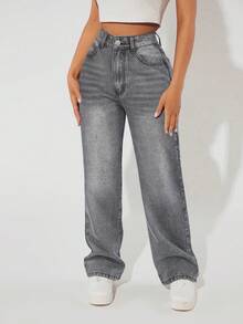 SHEIN PETITE Casual Straight Loose Versatile Daily Wear Jeans - Grey - View 6