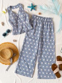 SHEIN 2pcs/Set Spring/Summer Teen Girls Elegant Casual Halter Shirt & Textured Print Wide Leg Pants Set, Suitable For Daily, Commute, Leisure, Vacation, Gathering, Beach - Blue - View 5