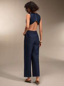 SHEIN Cottnline HÖG MIDJA Jumpsuit med utskurna detaljer MÖRKBLÅ FÄRG ELEGANT STIL - Mörktvätt - Visa 2