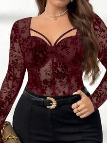 Firerie Plus Size Mesh Patchwork Embroidered Sweetheart Neck Elegant Long Sleeve T-Shirt Fall - Red - View 5