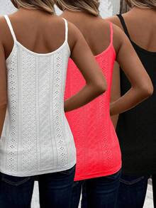 EMERY ROSE 3pcs Women's Summer White Casual Elegant Vacation Knitted Textured Hollow-Out Lace Patchwork Camisole Tank Tops,Boho V Neck Outfits For Ladies - Multicolor - View 2