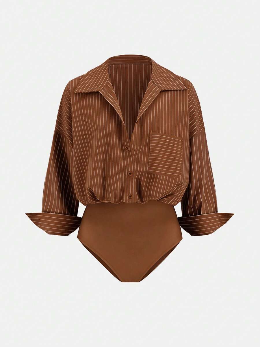 Franclia Women's Casual Striped Print Loose Fit Drop Shoulder Long Sleeve Bodysuit, Suitable For Work, Commute, And Vacation, Spring/Autumn - Brown - View 1
