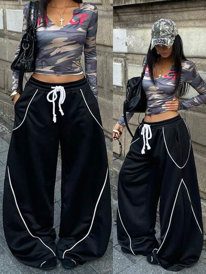 Coolane 女士夏季街头风外出休闲装扮，宽松弹力腰带舒适灰色弯刀裤