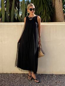 DAZY Women's Round Neck Sleeveless Mesh Patchwork Elegant Casual Dress - Black - View 1