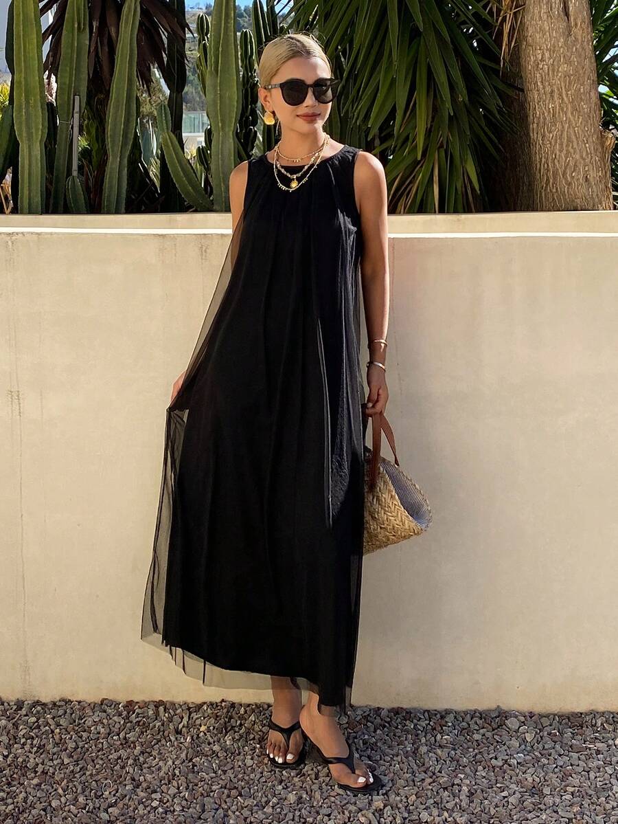 DAZY Women's Round Neck Sleeveless Mesh Patchwork Elegant Casual Dress - Black - View 1