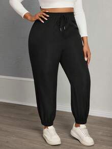 SHEIN Tall CURVE Quần jogger nữ cỡ lớn, màu trơn, cạp chun, kiểu dáng thường ngày. - màu đen - Xem 4
