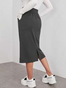 SHEIN EZwear Bộ áo nỉ dệt kim và chân váy nữ kiểu dáng thường ngày, chân váy dài mùa xuân/hè, chân váy thể thao, chân váy midi màu xám, chân váy cạp chun, chân váy midi có dây rút, chân váy jogger, chân váy nữ, chân váy nữ. - Xám - Xem 2