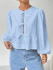 SHEIN EZwear 春夏新款雪纺女士花瓣袖蝴蝶结休闲度假衬衫 - 淺藍色 - 查看 4