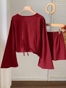 Comfortcana 女士波西米亚风腰果印花系带衬衫和短裤套装 - 玫瑰紅 - 查看 2