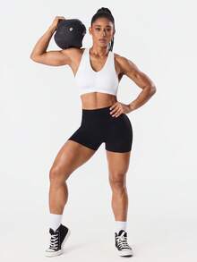 SHEIN Sports 女士纯色褶皱运动文胸 - 白色 - 查看 7