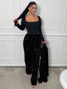 Dayanna Comas Body a maniche lunghe marrone da donna, vestibilità slim e figura valorizzata, semplice e versatile per l'uso quotidiano - nero - Visualizzare 5