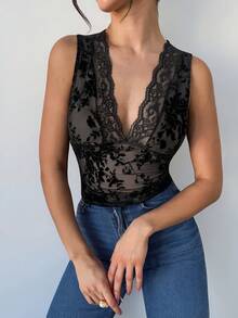 Firerie Elegant Lace Collar Splice Flocked Mesh Elastic Fabric Blouse For Women - Black - View 1