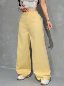 SHEIN EZwear Women's Pocketed Button Casual Versatile Daily Wear Wide Leg Jeans - Light Yellow - View 4