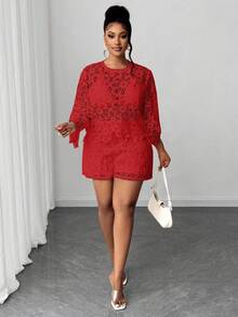 Maweii Valentine Plus Size Elegant Solid Color Lace Shorts, Summer - Red - View 6