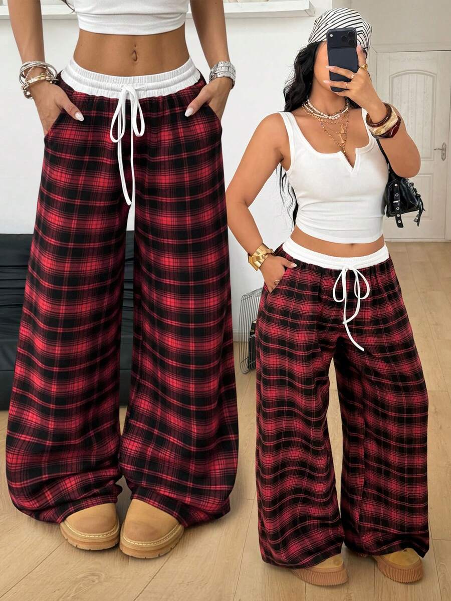 Coolane Summer Outfits Women's Plus Size Carnival  Valentine's Day  Casual Women Outfits Casual Daily Wear Basic Loose Black And Red Color Scheme Plaid Patchwork White Waistband Wide  Leg Pants - Red - View 1