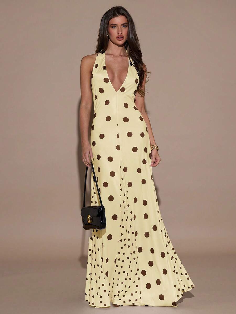 SHEIN BAE Vestido largo con escote en V, sin mangas, con cuello halter y espalda descubierta con estampado de lunares para mujer - Amarillo - Ver 1