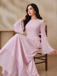 Graceveil 女士优雅喇叭袖荷叶边腰身连衣裙，纯色，春季 - 粉色 - 查看 7