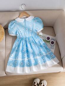 Young Girls Blue Floral Print Dress With Delicate Lace Trim, Waist Cinched A-Line Silhouette, Casual Vacation Dress - Multicolor - View 2