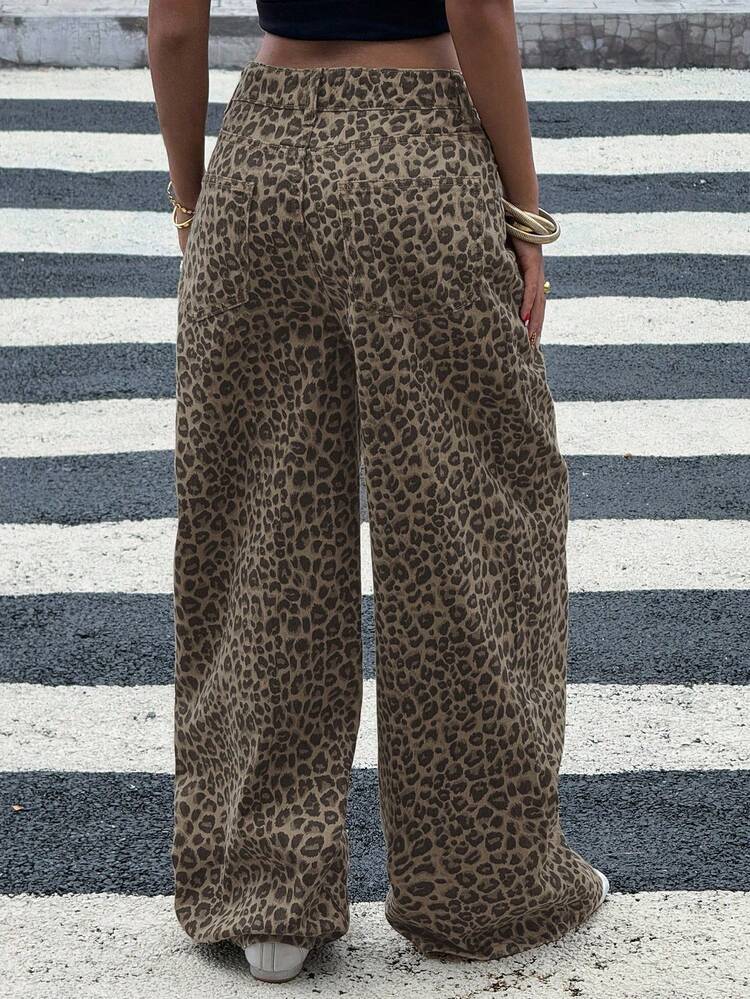 Women's Loose Casual Brown Leopard Print Cotton Denim Jeans For Summer Y2k