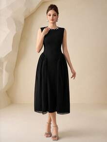 Modelyn Gaun Chiffon Hitam Lengan Pendek Leher Bulat dengan Hiasan Mutiara, Pakaian Sehari-hari yang Elegan - Hitam - View 4