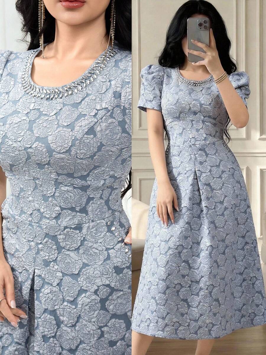 Feyla Gaun Wanita Motif Bunga Jacquard Leher Bulat Lengan Mengembang Elegan Panjang Sedang - Abu-abu Biru - View 1