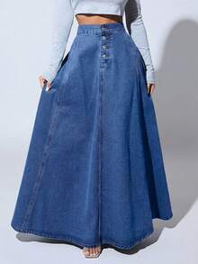 Slaydiva Plus Size Solid Color Button Pleated Casual Versatile Denim Skirt - Blue - View 1