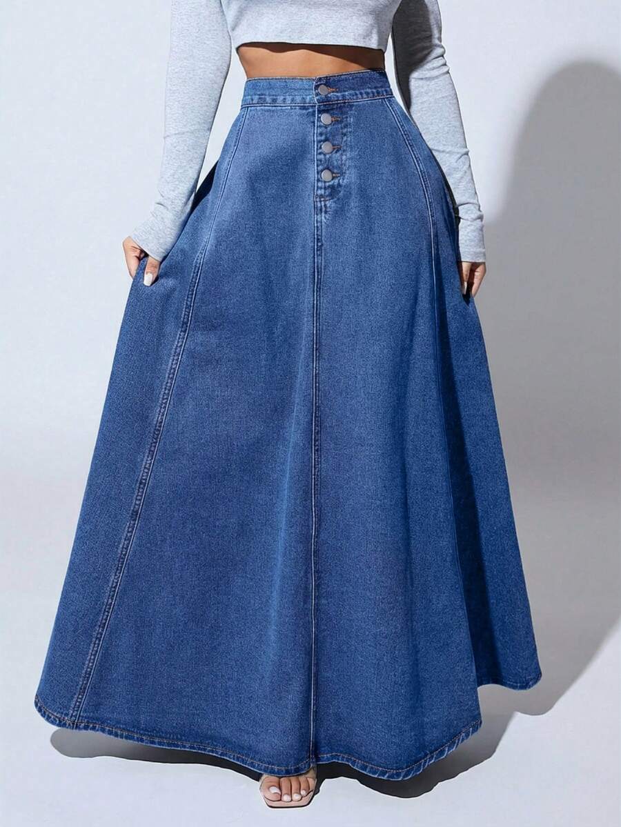 Slaydiva Plus Size Solid Color Button Pleated Casual Versatile Denim Skirt - Blue - View 1