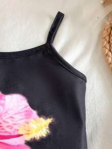 SHEIN Babygirl 可爱花卉针织吊带背心连衣裙，夏季 - 黑色 - 查看 6