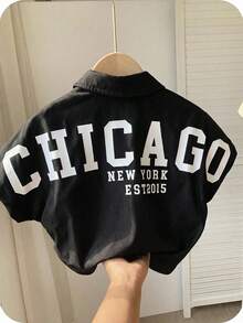 SHEIN 1件装青少年男童休闲舒适百搭字母印花蝙蝠袖衬衫，适合春夏穿着 - 黑色 - 查看 5