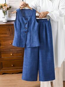 SHEIN Tween Girls' Casual Elegant Commute Street Fashion Jacquard Striped Button-Front Sleeveless Vest Top And Straight Leg Pants Set - Blue - View 1