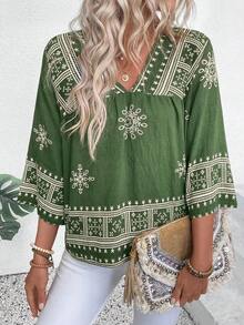 EMERY ROSE Pattern V-Neck Casual Vacation Linen-Feel Shirt - Multicolor - View 6