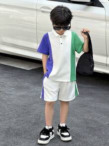 SHEIN 2-Pack Young Boys' Casual Sports Retro Loose-Fitting POLO Shirt And Shorts Set,Multi-Color Stitching Japanese & Korean Style Summer Kids Outfits - White - View 9