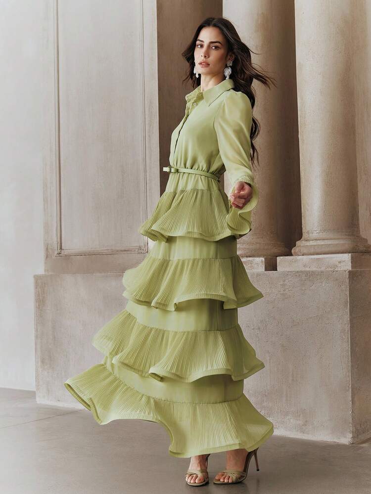 Women's Elegant Ruffle Sleeve Solid Color Belted Dress With Pleated Hem, Suitable For Party