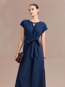 Uhlyne Uhlyne Women's Summer Navy Blue Elegant Work French Style 100% Cotton Dress,Minimalist Round Neck Hollow Pearl Decor Bow Tie Waist Maxi Casual Dress - Navy Blue - View 1