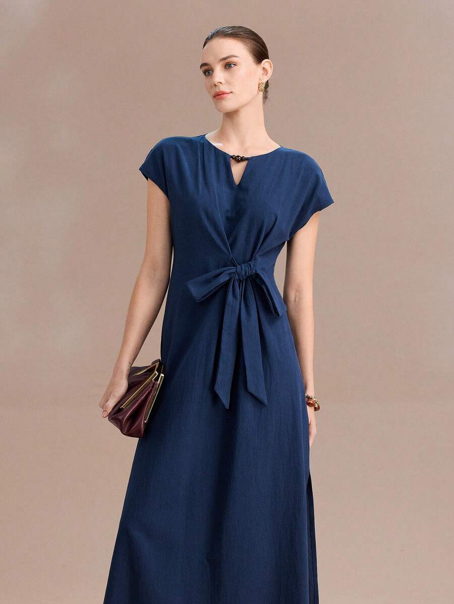 Uhlyne Uhlyne Women's Summer Navy Blue Elegant Work French Style 100% Cotton Dress,Minimalist Round Neck Hollow Pearl Decor Bow Tie Waist Maxi Casual Dress - Navy Blue - View 1