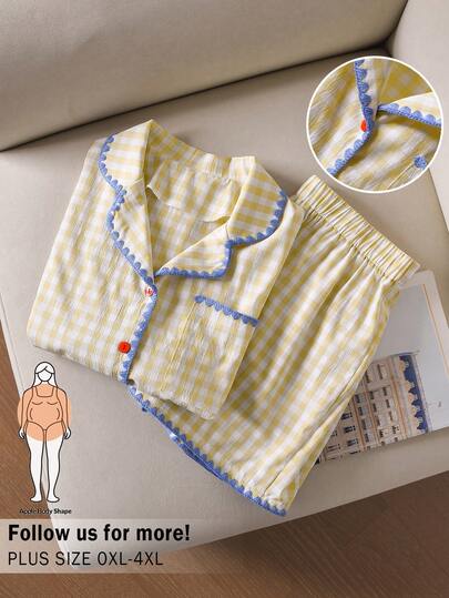 CosyJoli 2 ชิ้น ชุดลายสก๊อตสำหรับผู้หญิงพลัสไซส์, ชุดลำลองสำหรับผู้หญิง, ชุดนอนสีเหลืองครีม, ชุดลายตาราง, ชุดกางเกงขาสั้นและเสื้อ, ชุดเสื้อสำหรับผู้หญิง, ชุดนอนสำหรับผู้หญิง, ชุดฤดูใบไม้ผลิสำหรับผู้หญิง