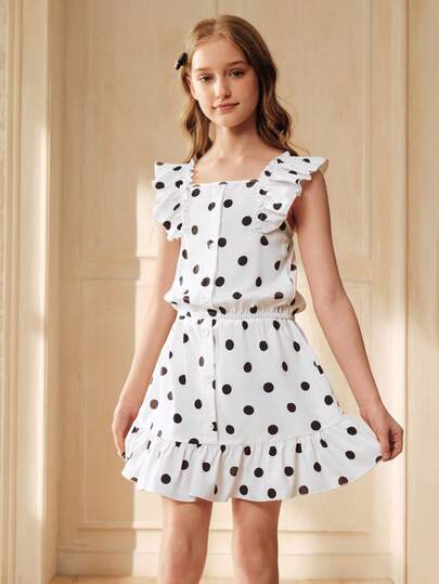 SHEIN Tween Girls Fashionable Black Polka Dot Camisole Top Paired With Skirt, Suitable For Outings, Vacation And Recreation