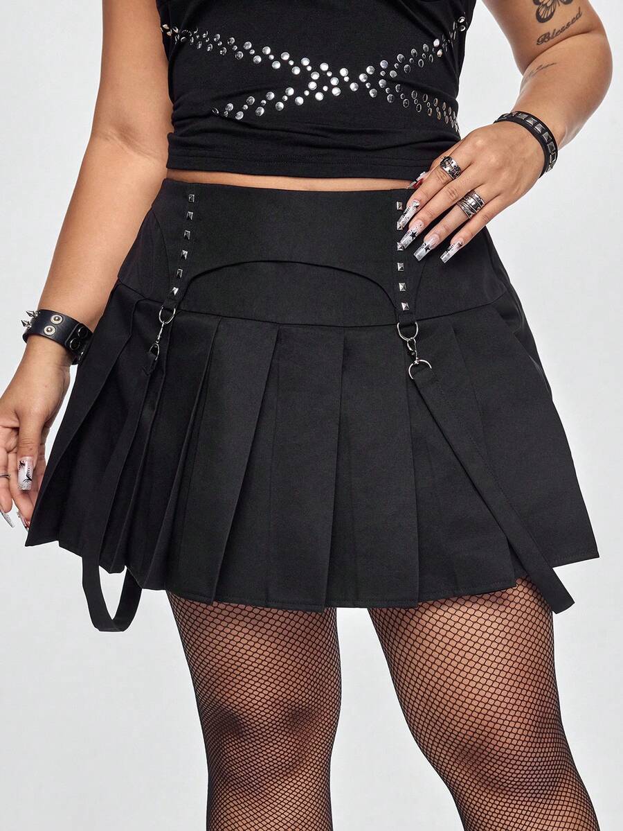 ROMWE Goth Rok Mini Lipit Pinggang Rendah dengan Hiasan Paku Keling untuk Wanita Ukuran Plus Musim Semi/Panas, Cocok untuk Kencan dan Jalan-jalan di Musim Gugur - Hitam - View 1