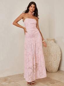 Enchnt Spring/Summer Romantic Women's Pink Jacquard Maxi Tube Dress,Sweet&Elegant For Vacation&Date&Holiday&Going Out,Spring Outfit Women ,Summer Dress - Pink - View 5