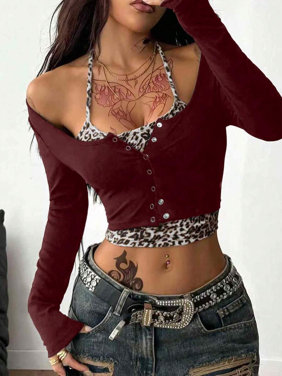 Coolane 女士基本款系带吊带露脐假两件式T恤 - 酒紅色 - 查看 1