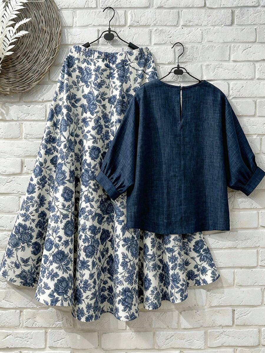 EMERY ROSE Plus Size Women Cotton Linen Vintage Style Solid Color Round Neck Blouse And Floral Print Midi Skirt Set - Multicolor - View 1